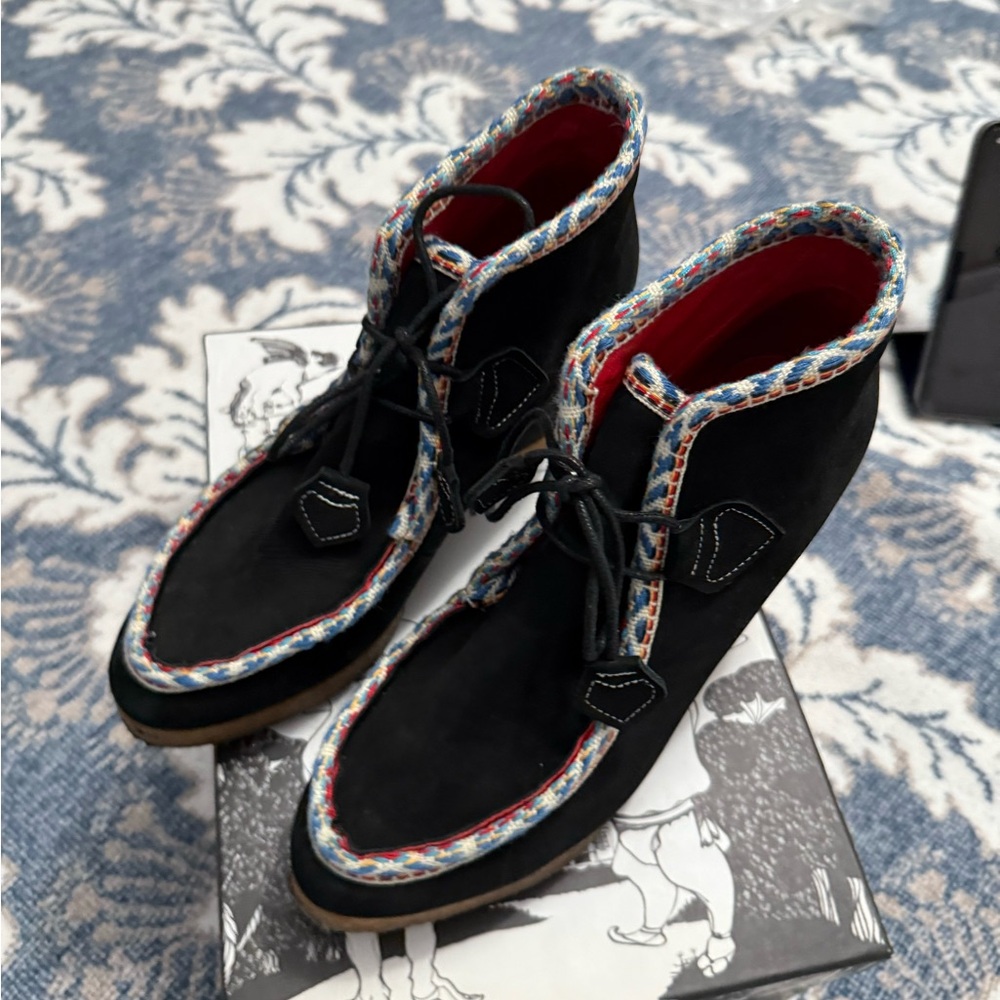 Anthropologie Black Ankle Boots with Multicolor Trim